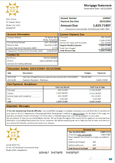 Download Bangladesh Sonali Bank mortgage statement scr Photoshop template